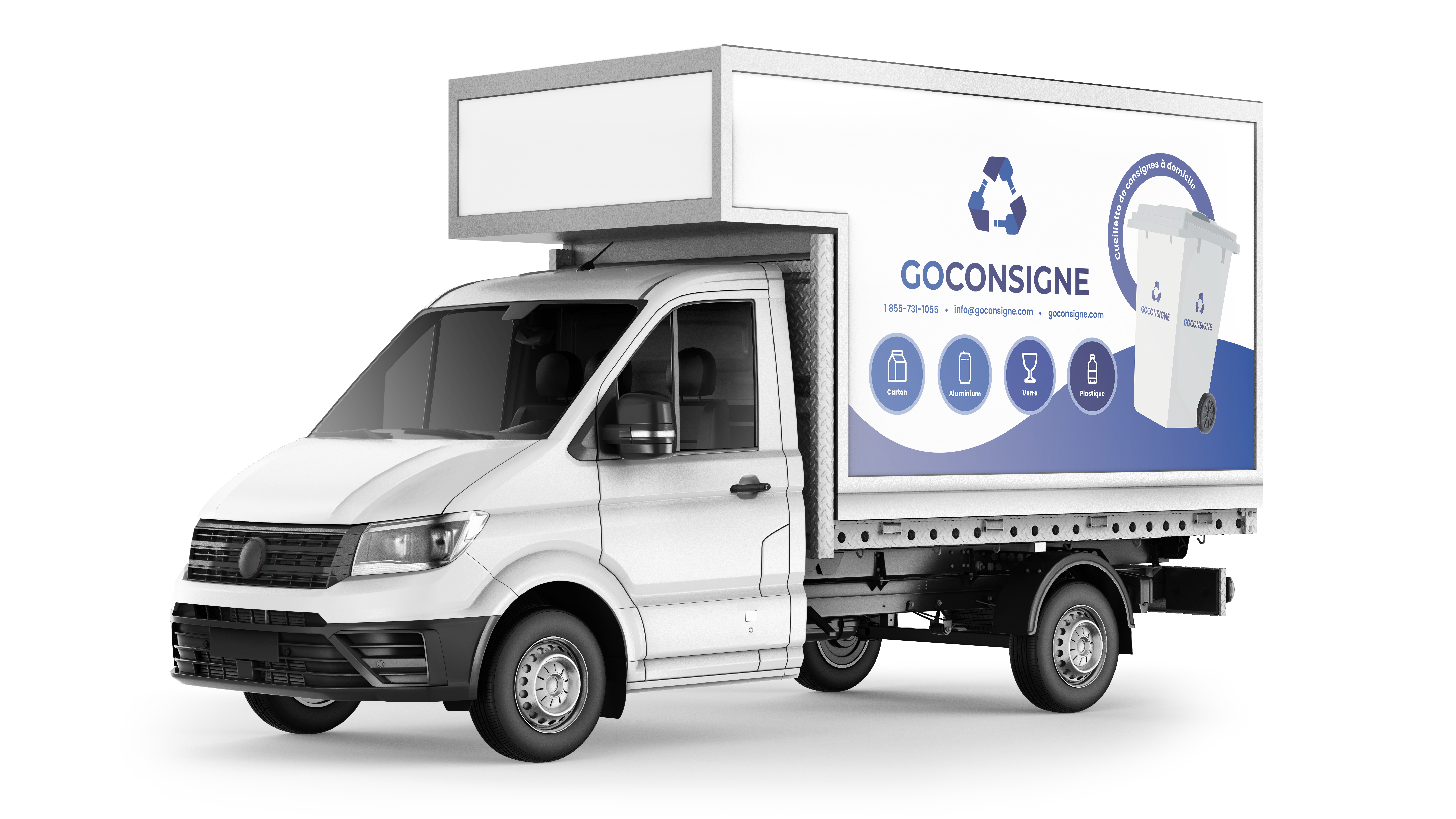 Gros camion mauve avec le logo de Go Consigne