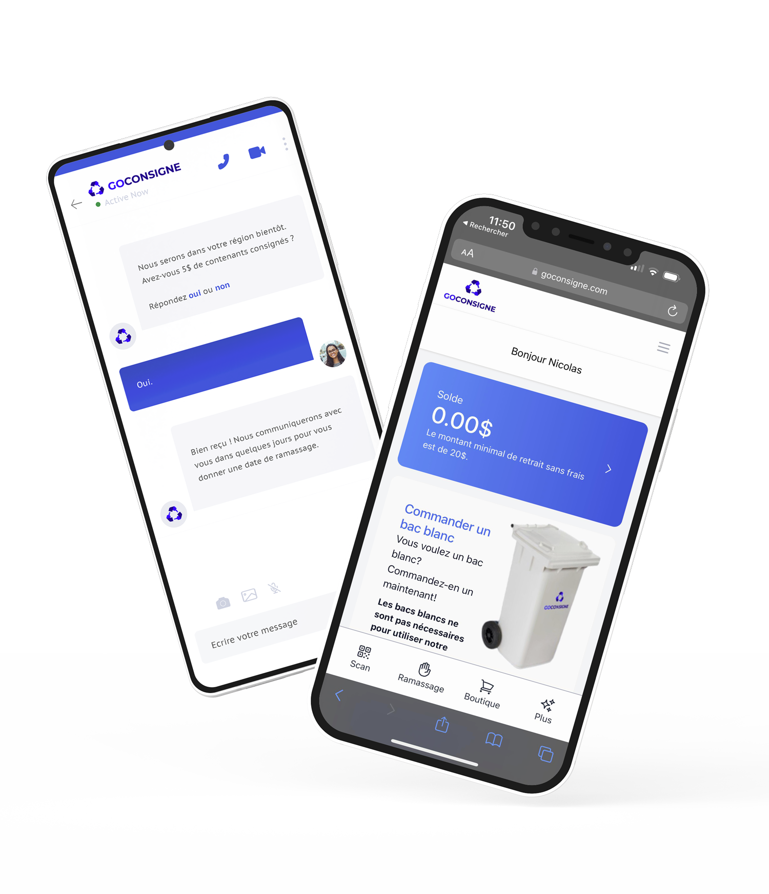 Deux téléphones avec un fond d'écran de Go Consigne